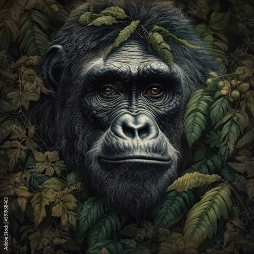 A Gorilla Head Wrapped In Green Leaves On A Background Of Leaves. Generative AI