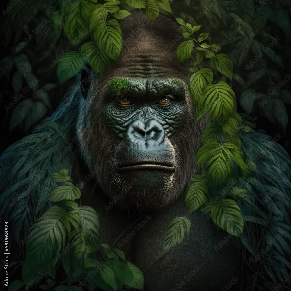 Portrait Of A Lowland Gorilla With Leaves Fused With The Green Leaves And Roots Of A Tree In The Jungle. Generative AI