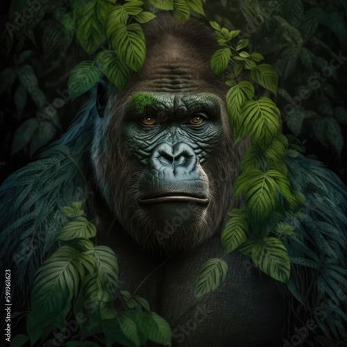 Portrait Of A Lowland Gorilla With Leaves Fused With The Green Leaves And Roots Of A Tree In The Jungle. Generative AI © Ян Заболотний