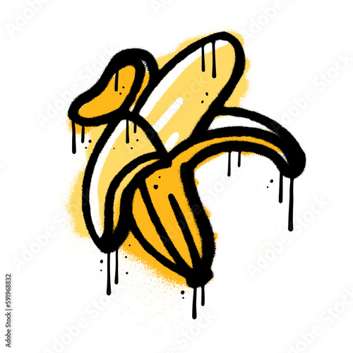 Banana urban graffiti spray element. Black brush paint ink drip texture with yellow color. Design vector illustration for decoration, card, sticker. banner, street art.