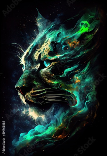 Generative AI illustration of the celestial beast made of a magical malachite nebula, lurks in the dark, abstract hyper realism, surreal liquid oil and splattered ink