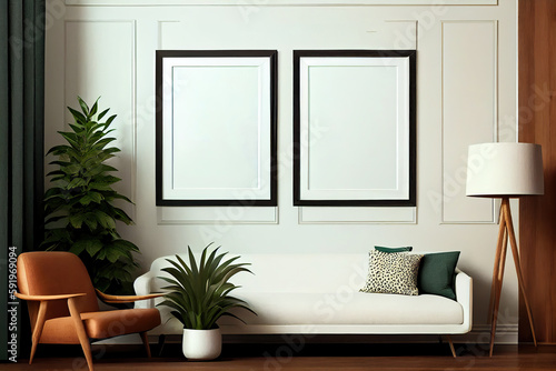 Generative AI illustration of vertical blank picture frame mockup, frame on the wall, nature decoration, mid century living room. Mock up for an illustration. © CravenA