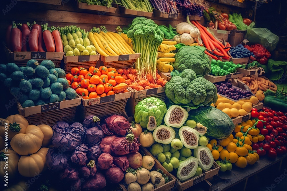 Generative AI illustration of vegetable farmer market counter: colorful various fresh organic healthy vegetables at grocery store. Healthy natural food concept