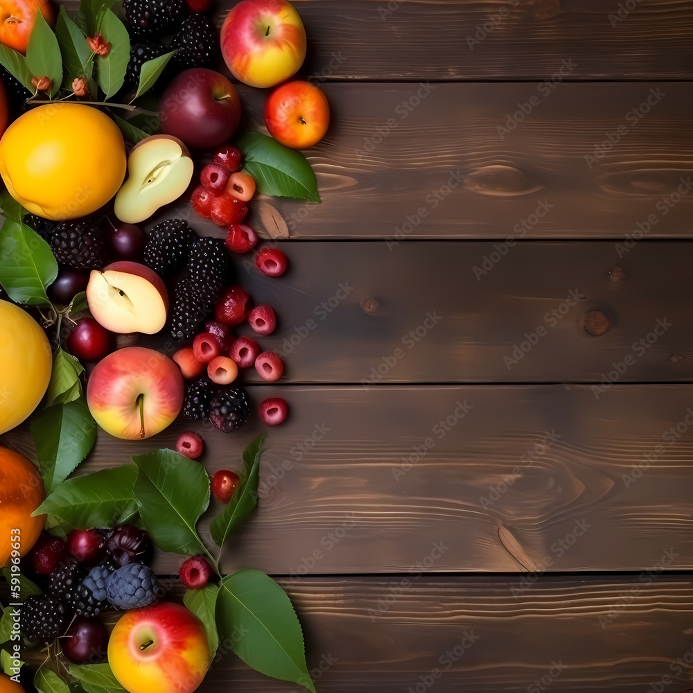 Fruits On Wooden Table. Generative AI Fruits On Wooden Table. Generative AI