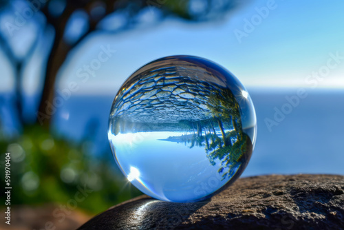 A crystal ball stands on the edge of a rock overlooking the sea. Generative AI © Sergey