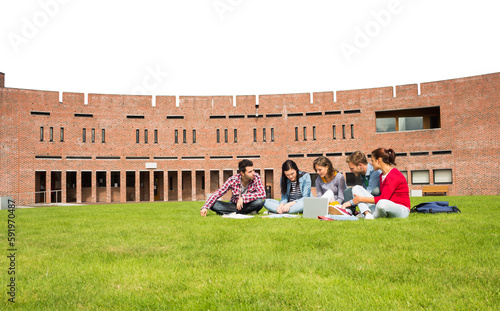 Students using laptop in lawn against college building