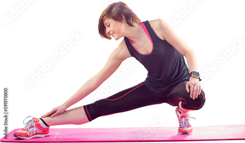 Happy woman doing stretching exercise on mat over white background