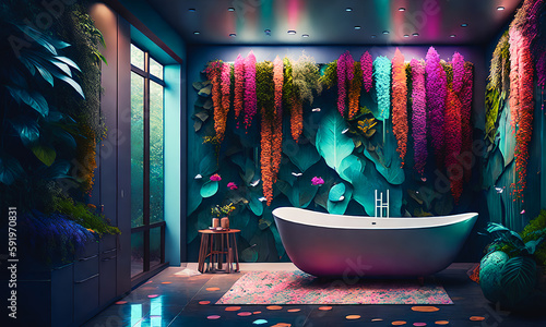 A vibrant tropical bathroom, with colorful plants and unconventional design. Generative AI.