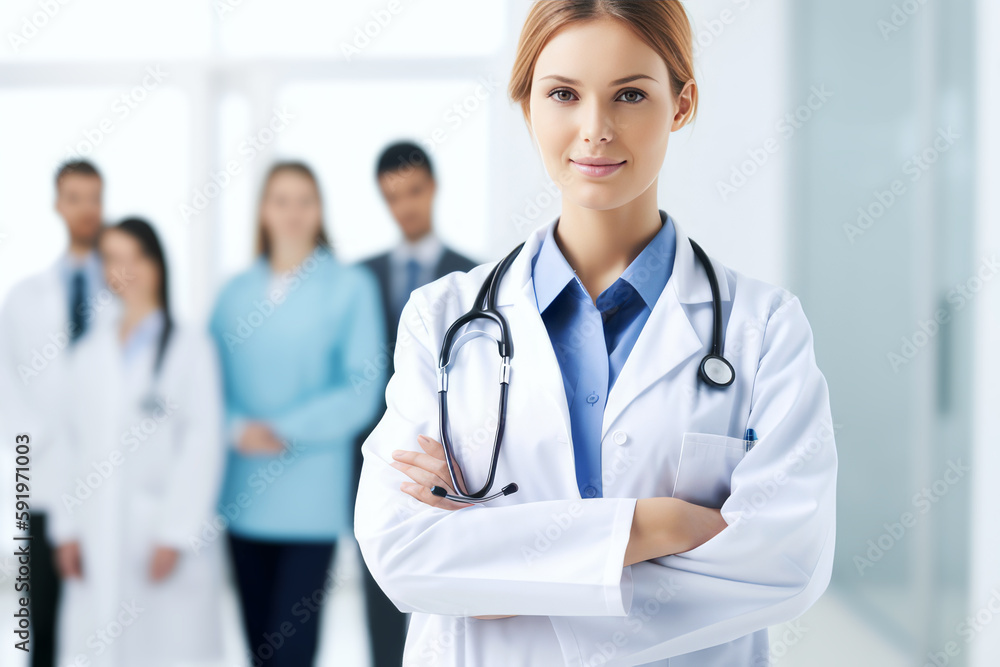 portrait of female doctor wearing white coat standing in hospital hallway with staff in background. generative AI portrait of female doctor wearing white coat standing in hospital hallway with staff in background. generative AI