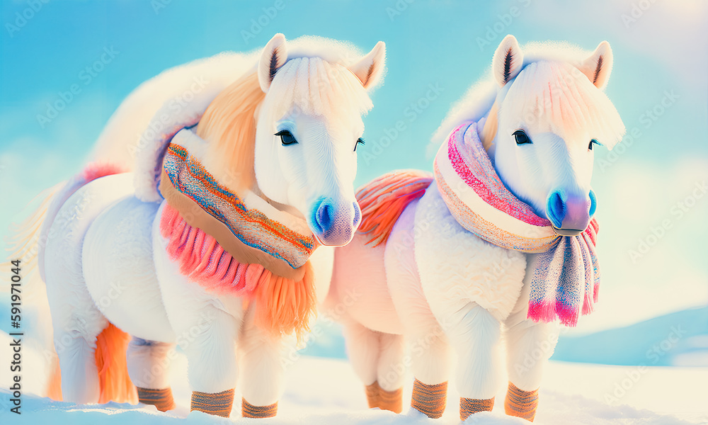 A whimsical scene of colorful ponies with funny outfits. Fairytale atmosphere. Generative AI.