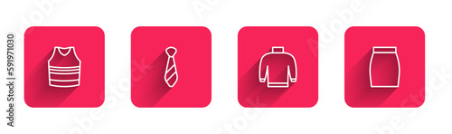 Set line Undershirt, Tie, Sweater and Skirt with long shadow. Red square button. Vector