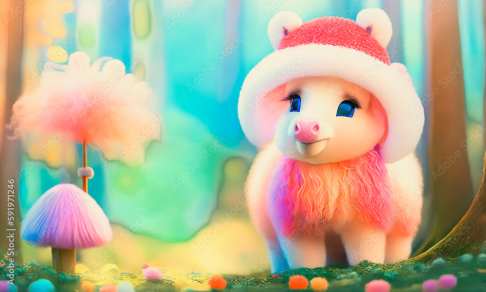 Naklejka premium A whimsical scene of colorful ponies with funny outfits. Fairytale atmosphere. Generative AI.