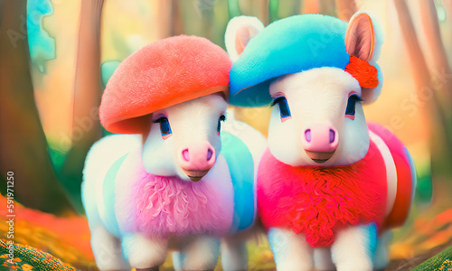 Tela A whimsical scene of colorful ponies with funny outfits