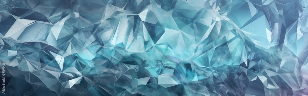 3d render, abstract blue crystal background, faceted gem, wide panoramic polygonal wallpaper, macro panorama, iridescent texture, Generative AI. - obrazy, fototapety, plakaty 