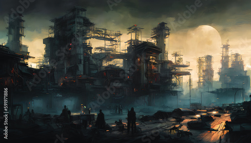 A dystopian environment with a glimpse of a ruined city. Surrealism. Generative AI