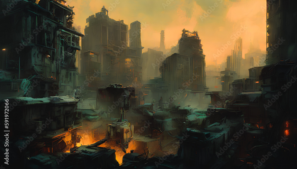 A dystopian environment with a glimpse of a ruined city. Surrealism. Generative AI