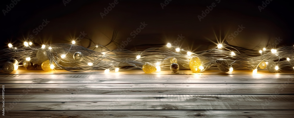 An empty wooden table in the background with Christmas lights. Perfect for product mockups. Generative Ai.
