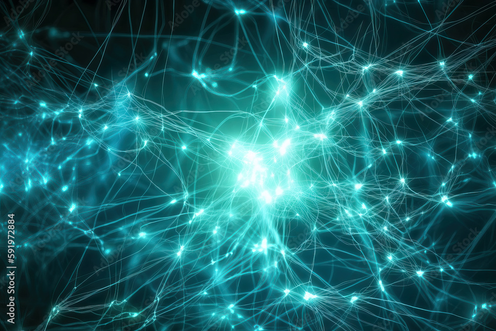 Neural network concept, glowing neurons on black abstract background. Generative AI illustration Neural network concept, glowing neurons on black abstract background. Generative AI illustration