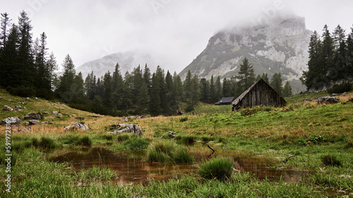 landscape with alpine hut in the mountains on a rainy mood day Gesäuse Austria