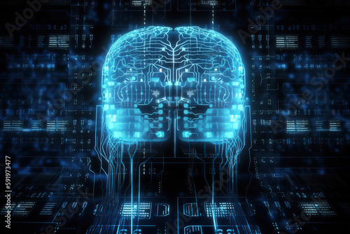Glowing electronic brain over background of binary code. Generative AI illustration
