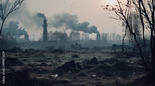 polluting factory background with lots of black smoke chimneys, production emissions, nature pollution theme 