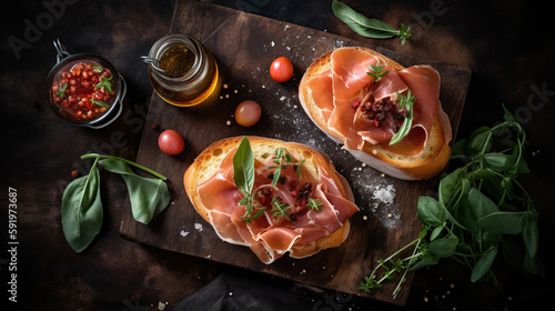 Italian appetizer bruschetta with Parma ham on a plate. Generative Ai