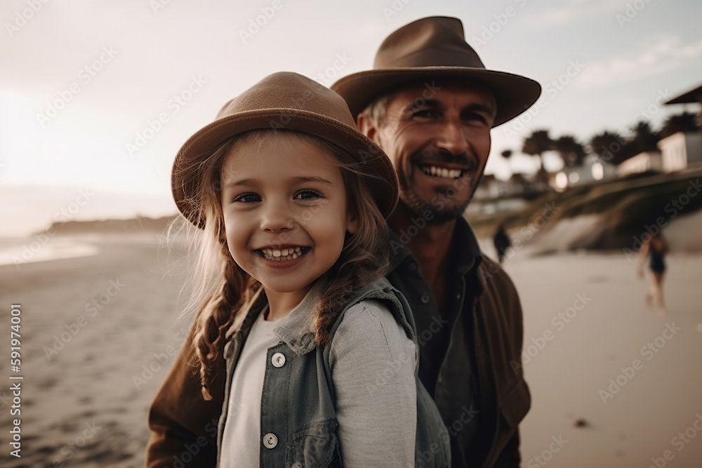A man and a little girl standing on a beach