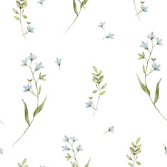 Wandcirkels Aquarel prints patronen Minimalistic floral pattern with forget me not flowers, wildlife watercolor print, seamless pattern blue color, delicate illustration on white background.  © BloomPix