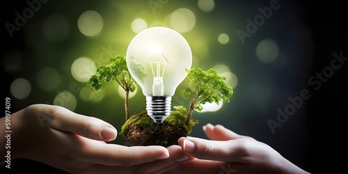 Planting the Seeds of Sustainability A Bright Future with A Light Bulb Held Between Two Trees Planted in Rich Soil in the Palm of Your Hand, Generative AI  photo