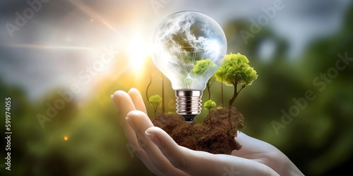 Greening Energy Illuminating a Sustainable Future with Light Bulb Containing the Blue Earth, Generative AI  photo