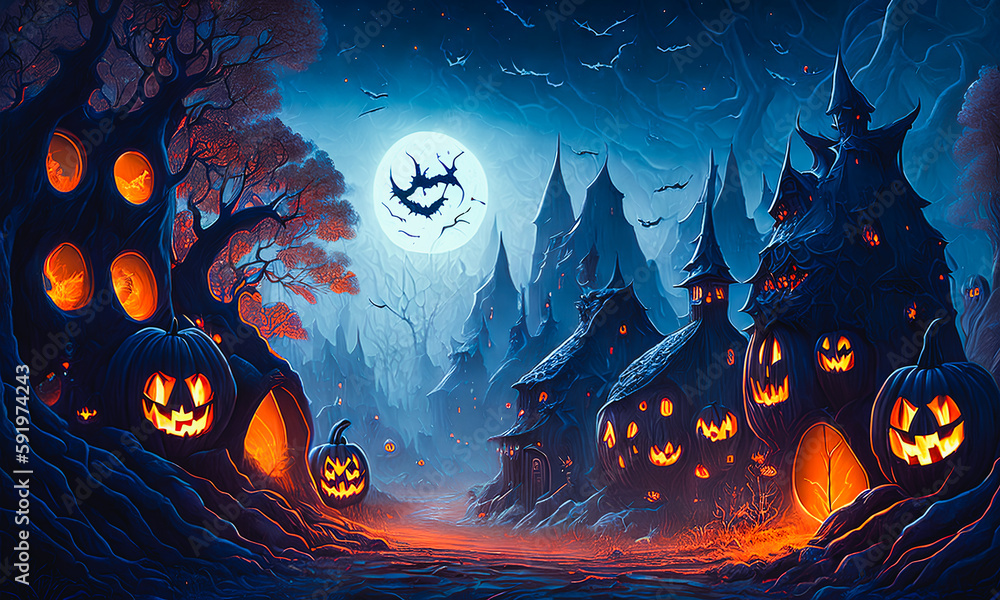 Halloween horror with pumpkins and trees. Spooky night of scares. Generative AI Halloween horror with pumpkins and trees. Spooky night of scares. Generative AI