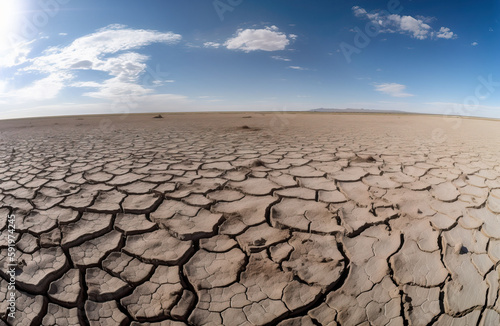 Wide angle panorama of dried lake bed, draught concept landscape, generative AI illustration