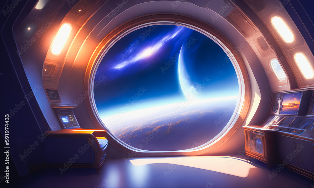 A captain's bridge on a space station. Futuristic vision. Stars and cosmos. Generative AI A captain's bridge on a space station. Futuristic vision. Stars and cosmos. Generative AI