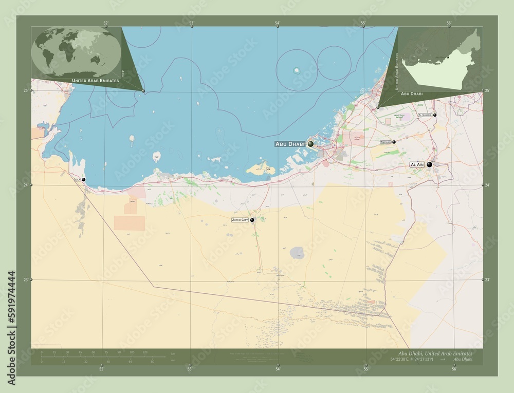 Fototapeta premium Abu Dhabi, United Arab Emirates. OSM. Labelled points of cities