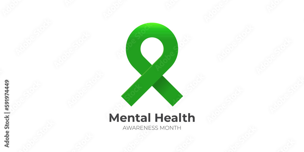 Mental Health Awareness Month in May with green ribbon isolated on white background. Vector Mental Health month Poster, card, banner, flyer and background.