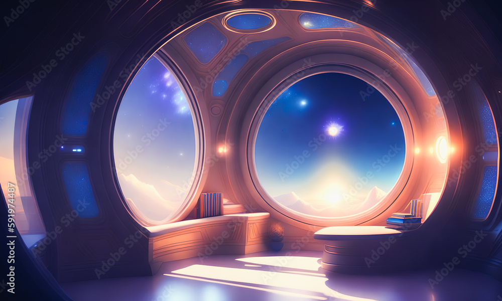 A captain's bridge on a space station. Futuristic vision. Stars and cosmos. Generative AI