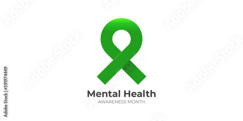 Mental Health Awareness Month in May with green ribbon isolated on white background. Vector Mental Health month Poster, card, banner, flyer and background.