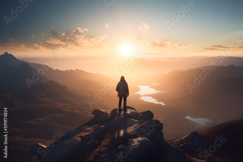 Abstract Male Hiker stands at the summit of a difficult mountain climb to be greeted with a beautiful view of the sunrise. Generative ai. Advertising photography style. © ckybe