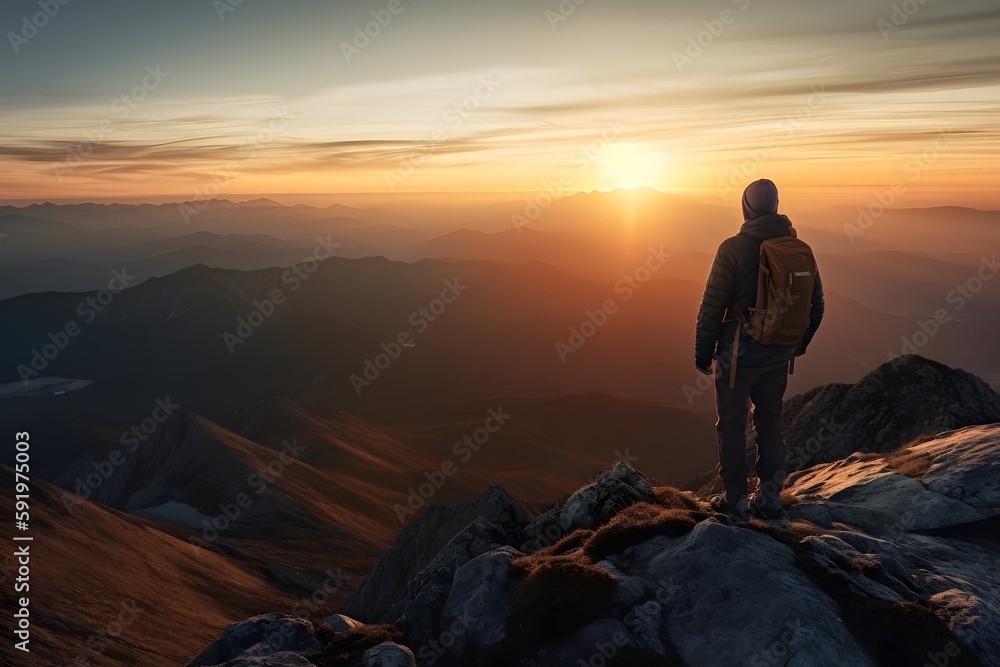 Abstract Male Hiker stands at the summit of a difficult mountain climb to be greeted with a beautiful view of the sunrise. Generative ai. Advertising photography style.