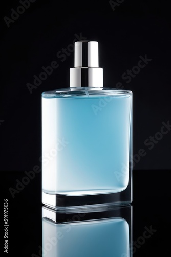 Transparent bottle of perfume on black studio background. Fragrance presentation with daylight. Trending concept. Women's and men's essence