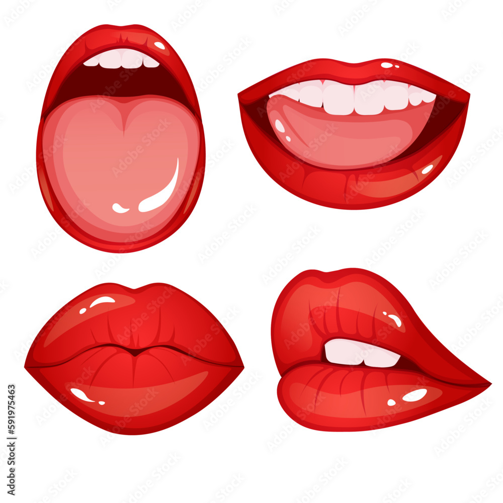 Obraz premium Cartoon style woman red lips set. Vector illustration isolated on white background. 
