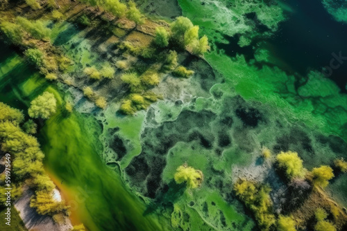 Amazing blooming algae on green river, aerial view created with Generative AI technology © Robert Herhold