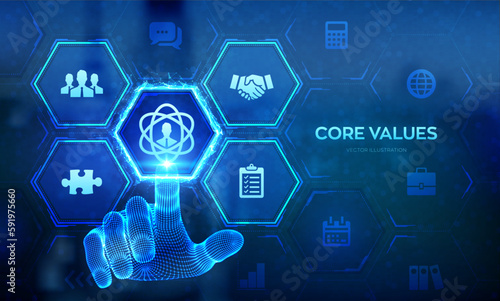 Core Values. Responsibility Ethics Goals Company business concept on virtual screen. Core values infographic. Wireframe hand touching digital interface. Vector illustration.