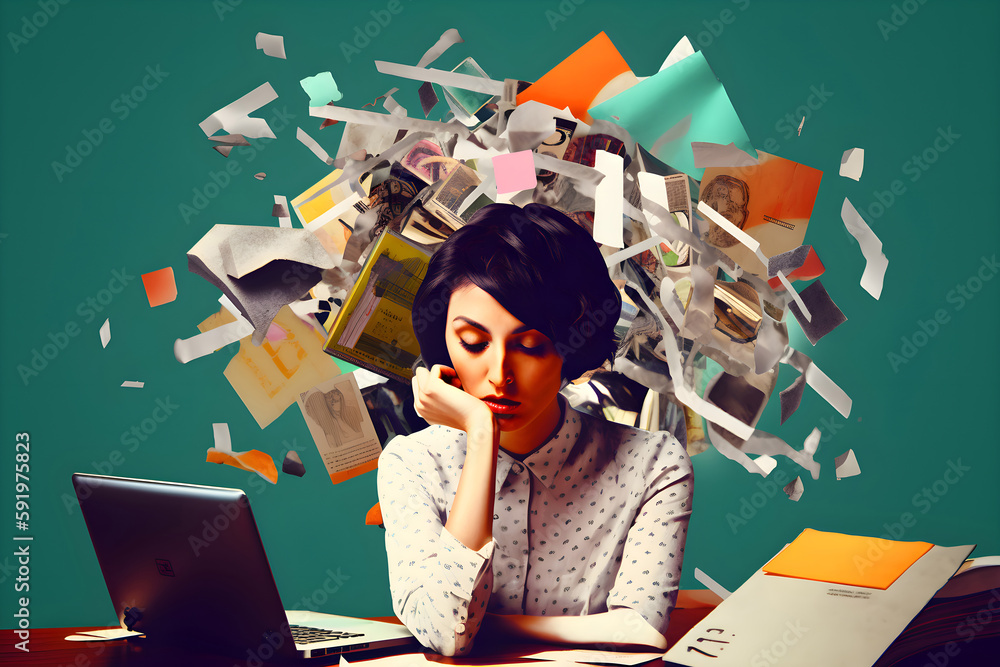 Tired woman working in the office, head full paper explosion, fastpaced life, time management