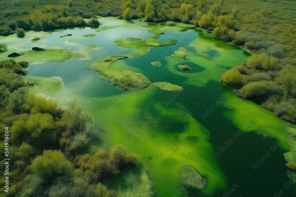 Amazing blooming algae on green river, aerial view created with Generative AI technology