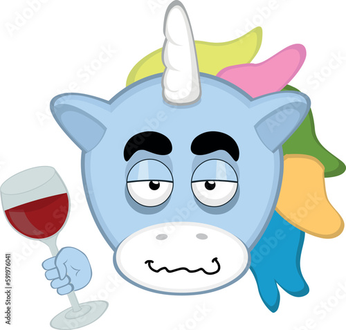 vector illustration face a drunk cartoon unicorn with a glass of wine in hand