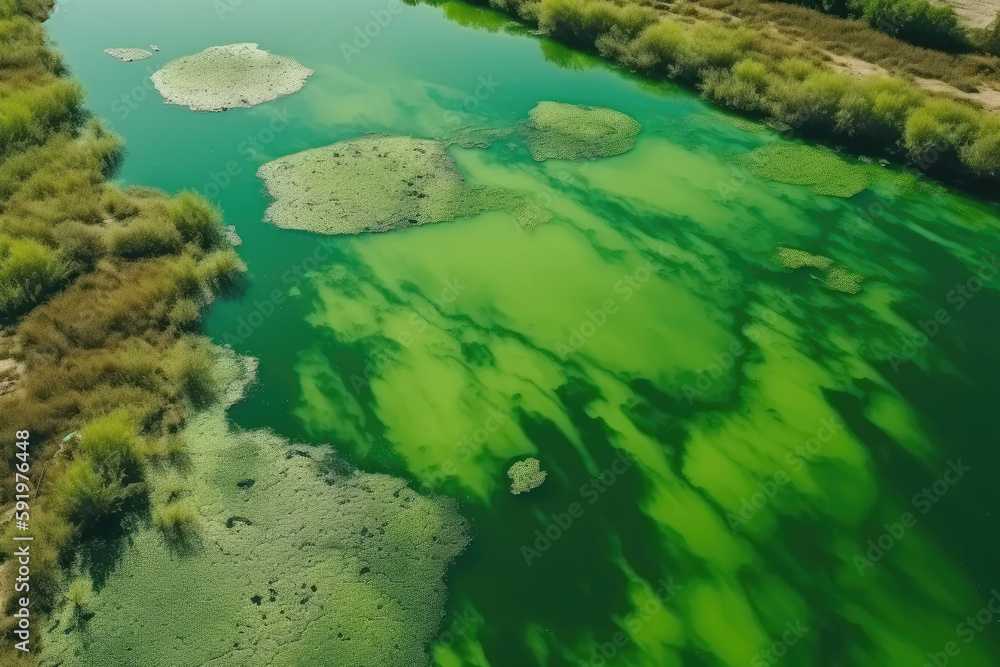 Amazing blooming algae on green river, aerial view created with Generative AI technology