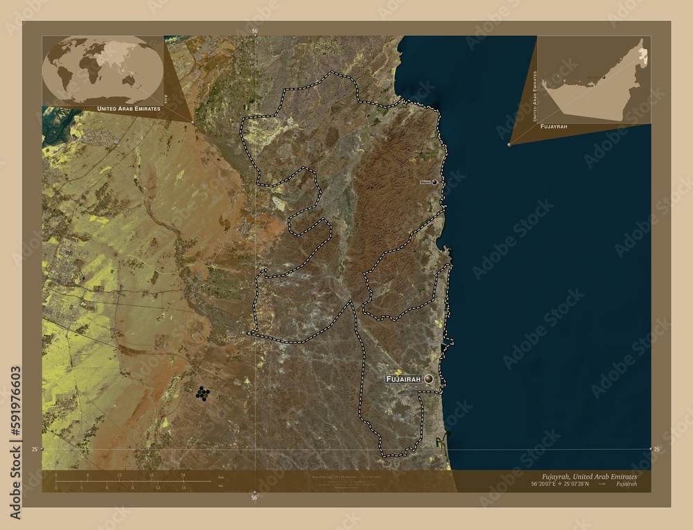 Fototapeta premium Fujayrah, United Arab Emirates. Low-res satellite. Labelled points of cities