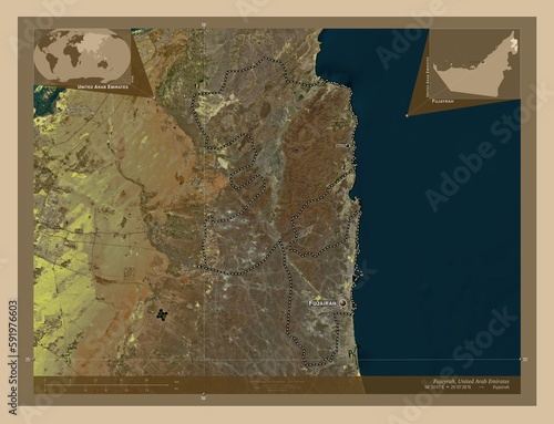 Fujayrah, United Arab Emirates. Low-res satellite. Labelled points of cities