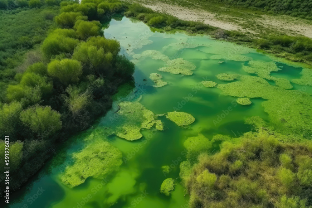 Amazing blooming algae on green river, aerial view created with Generative AI technology